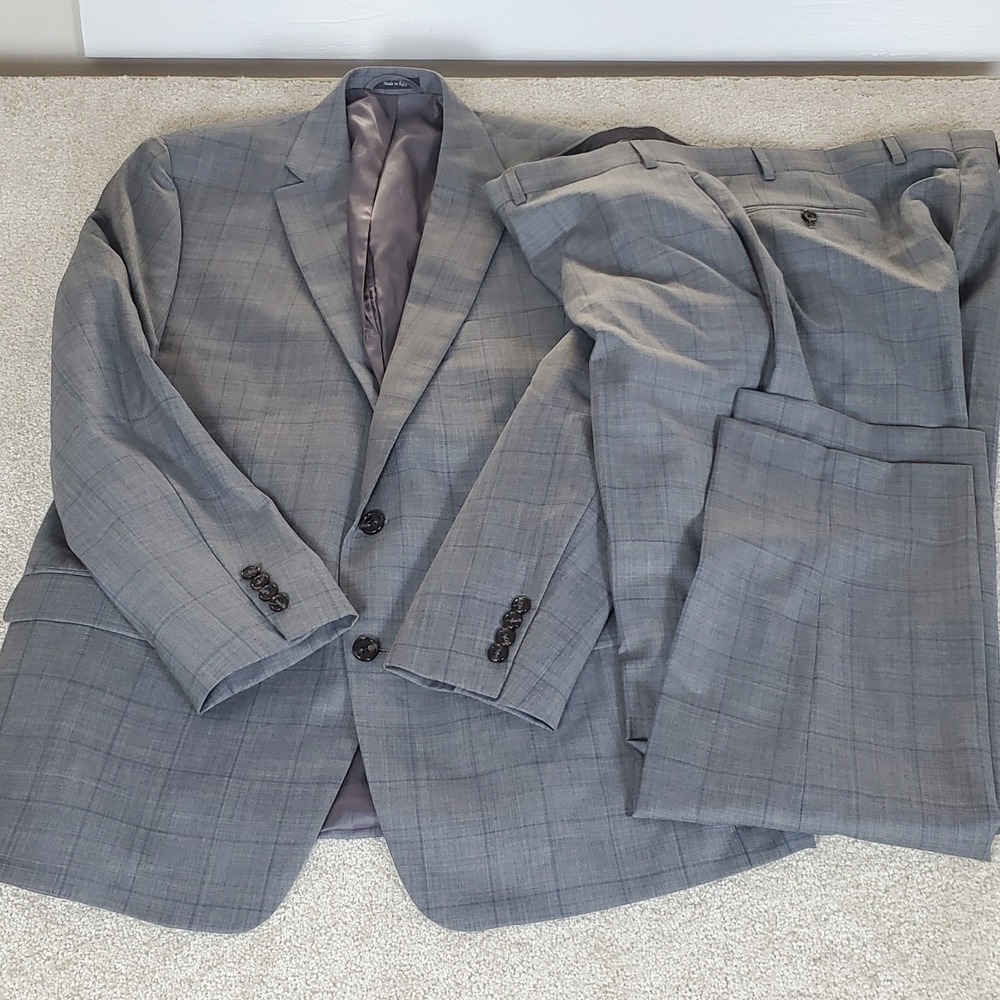 Lauren Ralph Lauren Suit Mens 46L Grey Windowpane Wool Blend Natural Stretch 2pc